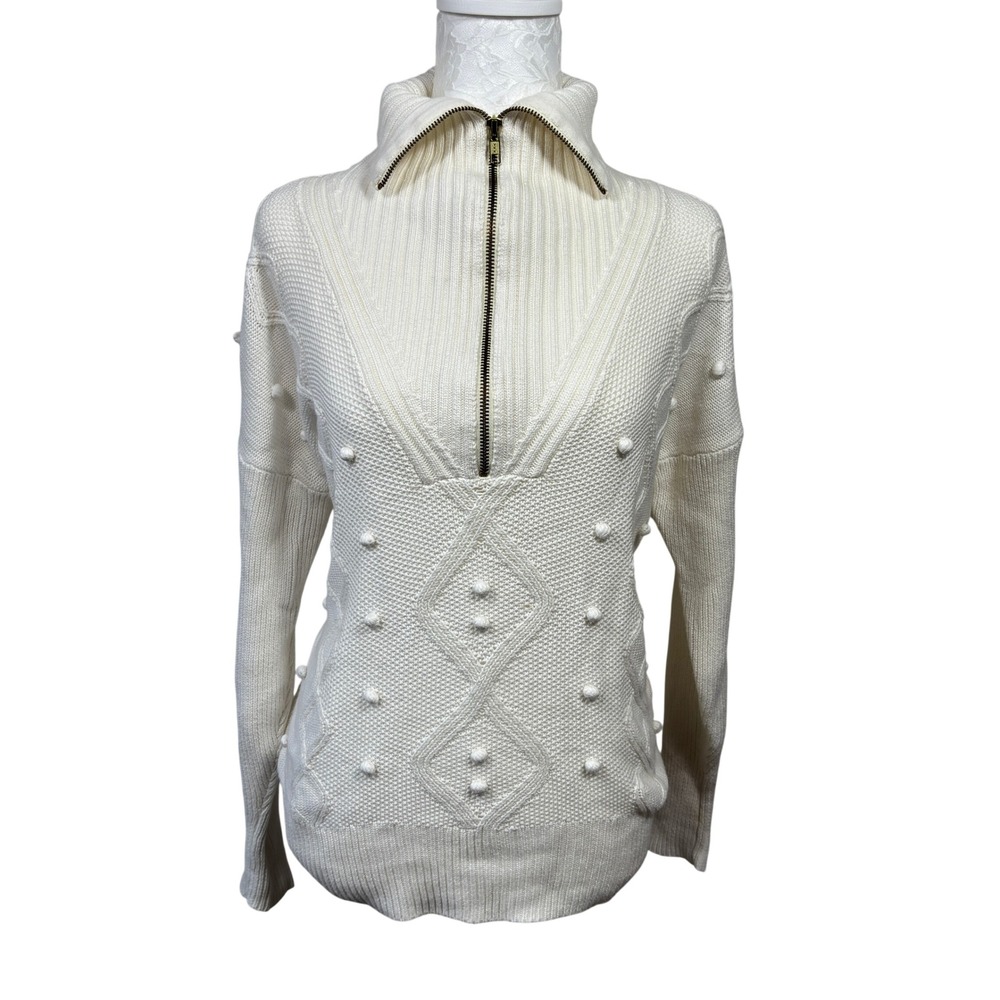 SEDGE Cable Knit Mock Neck Collared 1/2 Zip Pom Pom Pullover Sweater Womens XS